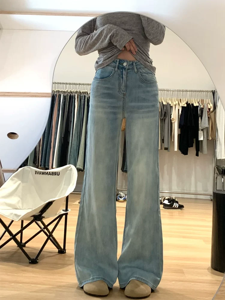 Quần jean Tencel màu sáng dành cho nữ, kiểu dáng mỏng mùa hè, cỡ lớn, cạp cao, che hông, quần ống loe thon gọn.