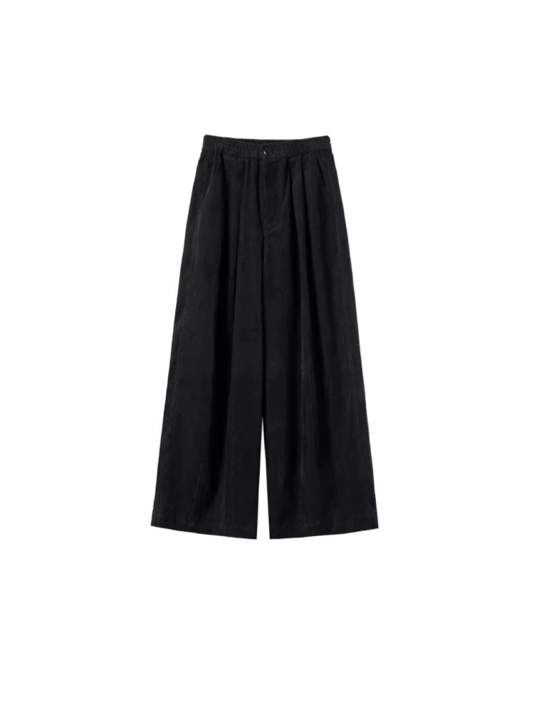 Quần vải nhung đen thường ngày dành cho nữ, cỡ lớn, mùa thu đông, lót lông cừu, dày dặn, phong cách lười biếng, lưng cao, giảm béo, quần ống rộng.