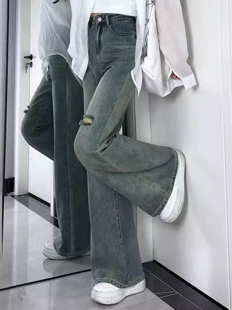 Quần jeans rách dáng loe dành cho nữ, mùa thu, size lớn, cạp cao, co giãn, tôn dáng, dành cho người có dáng quả lê, quần ống chuông