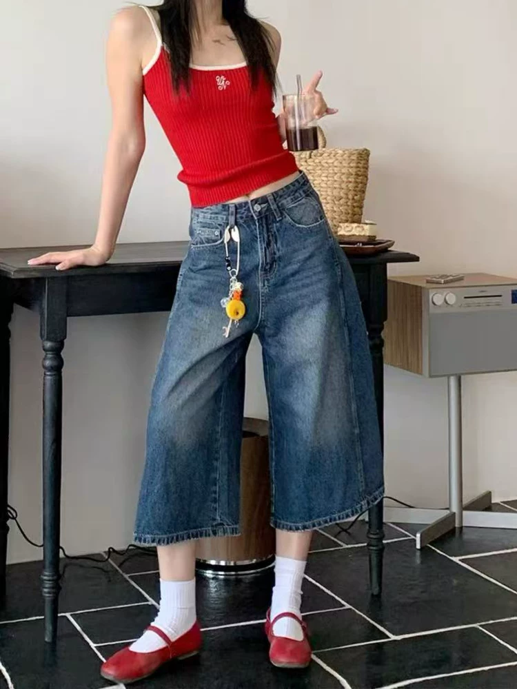 Quần jeans nữ kiểu Mỹ cổ điển, dáng lửng, mùa hè 2025, size lớn, cạp cao, rộng rãi, tôn dáng, ống rộng