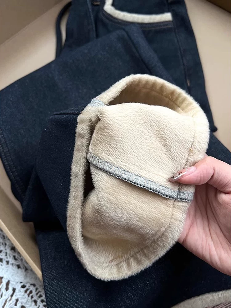 Quần jean ống đứng dày màu xanh đậm lót lông cừu dành cho nữ, cỡ lớn mùa đông, cạp cao, giảm béo, tăng chiều cao, quần ống rộng rộng rãi.