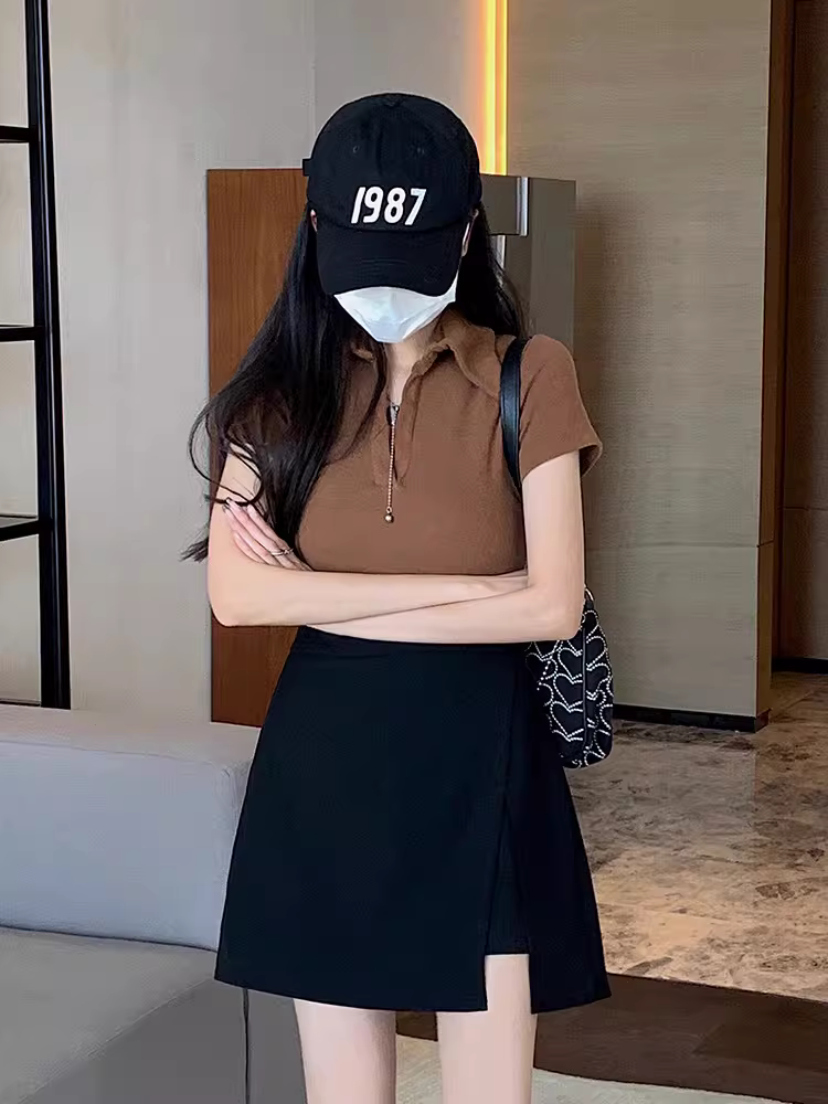 Váy ngắn xẻ tà màu đen hình quả lê dành cho nữ, mùa hè dành cho nữ cỡ nhỏ, che hông, giảm béo, chống lộ, quần váy chữ A cạp cao