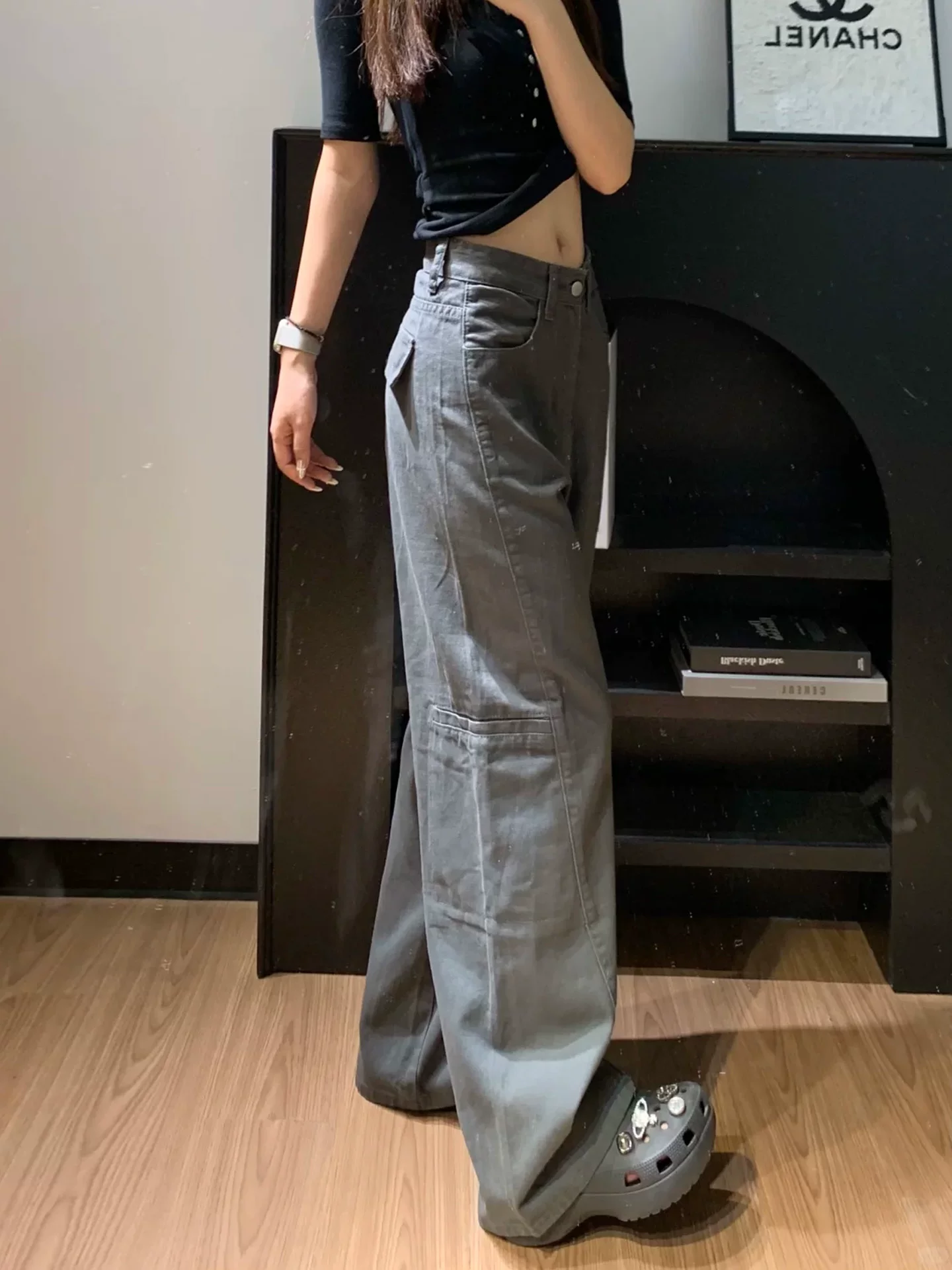 Quần jean công sở màu xám dành cho nữ có thân hình hình quả lê, quần ống rộng cạp cao che hông dáng rộng, cỡ lớn mùa thu