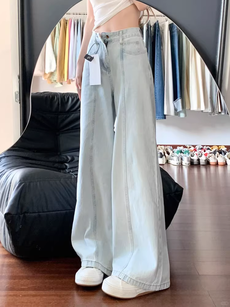 Quần jean ống thẳng màu xanh nhạt kiểu Mỹ dành cho nữ, bộ sưu tập mùa thu mới, cỡ lớn, lưng cao, dáng rộng, dáng suông, dáng rộng, quần dài đến sàn.