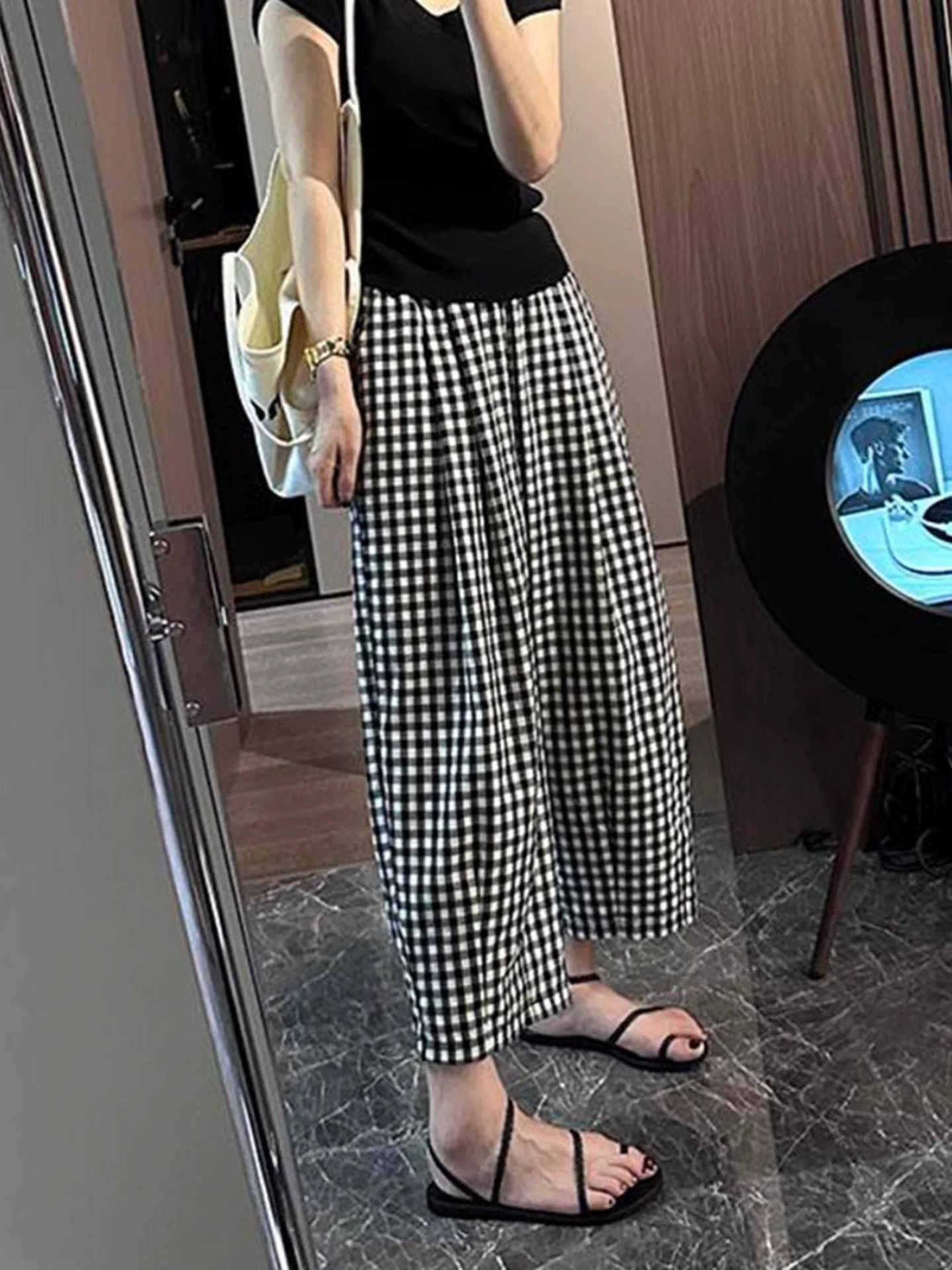 Quần kẻ sọc thường ngày dành cho nữ, kiểu dáng mỏng mùa hè, cỡ lớn, lưng cao, dáng rộng, che hông, giảm béo, quần bóng dáng rộng, quần ống rộng.