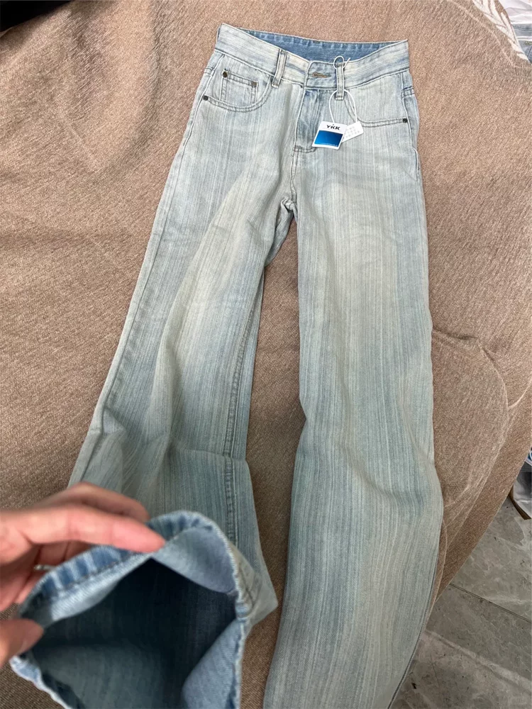 Quần jeans ống đứng chất liệu tốt dành cho nữ, kiểu mới xuân 2025, size lớn, cạp cao, dáng rộng, che hông, quần ống rộng tôn dáng