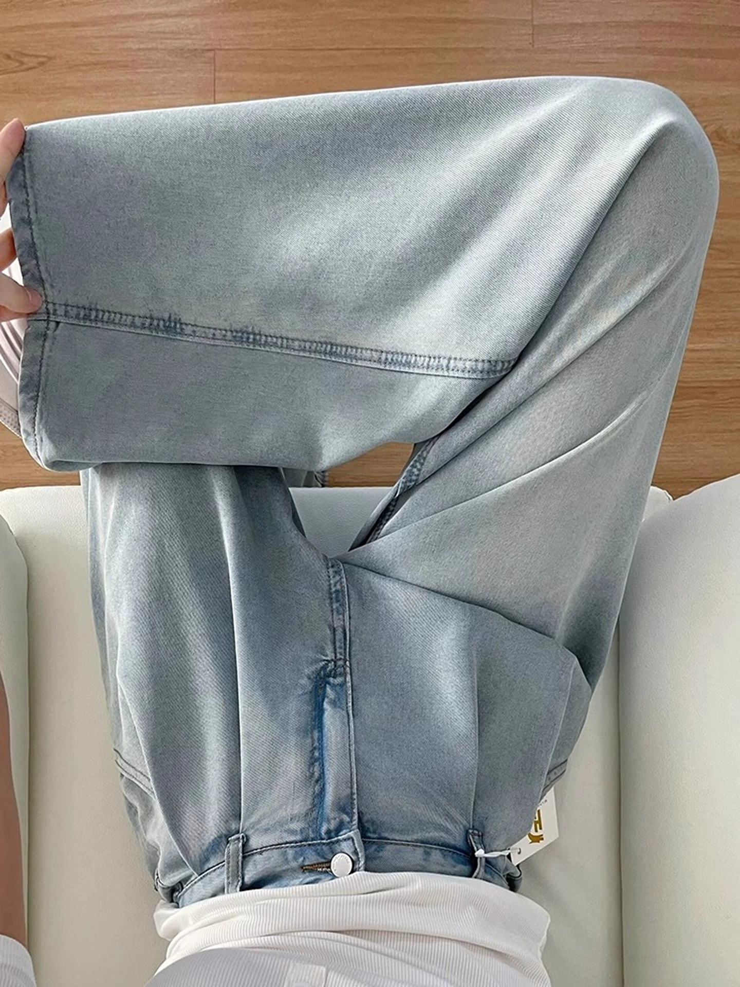 Quần jean ống đứng bằng vải lụa băng dành cho nữ, kiểu dáng mỏng mùa hè, cỡ lớn, lưng cao, mềm mại, tôn dáng, quần dài rộng ống Tencel