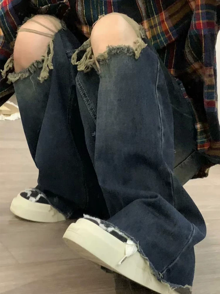 Quần jean ống thẳng rách kiểu Mỹ cổ điển dành cho nữ, phong cách mùa xuân mới, cỡ lớn, lưng cao, dáng rộng, tôn dáng, ống rộng, quần dài chạm sàn