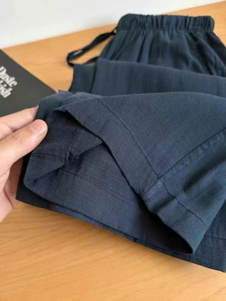 Quần vải lanh Tencel màu xanh hải quân dành cho nữ, kiểu dáng mỏng mùa hè, cỡ lớn, lưng cao, che hông, giảm béo, quần ống rộng bằng vải lụa băng.