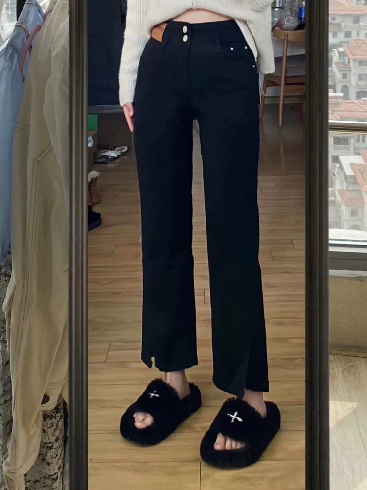 Quần jean dáng quả lê dành cho nữ, phong cách đầu thu, cỡ lớn, lưng cao, co giãn, che hông, giảm béo, ống thẳng, quần lửng.