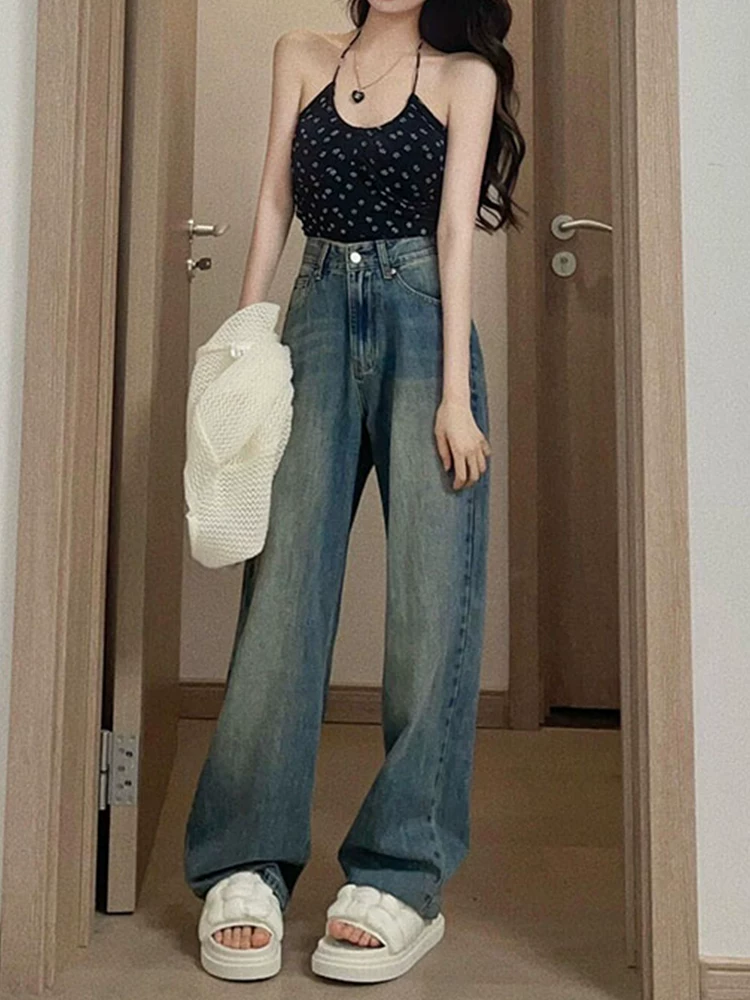 Quần jean ống thẳng dáng quả lê dành cho nữ, cỡ lớn, mặc đầu thu, lưng cao, dáng rộng, dáng suông, quần dài rộng, dài chạm sàn