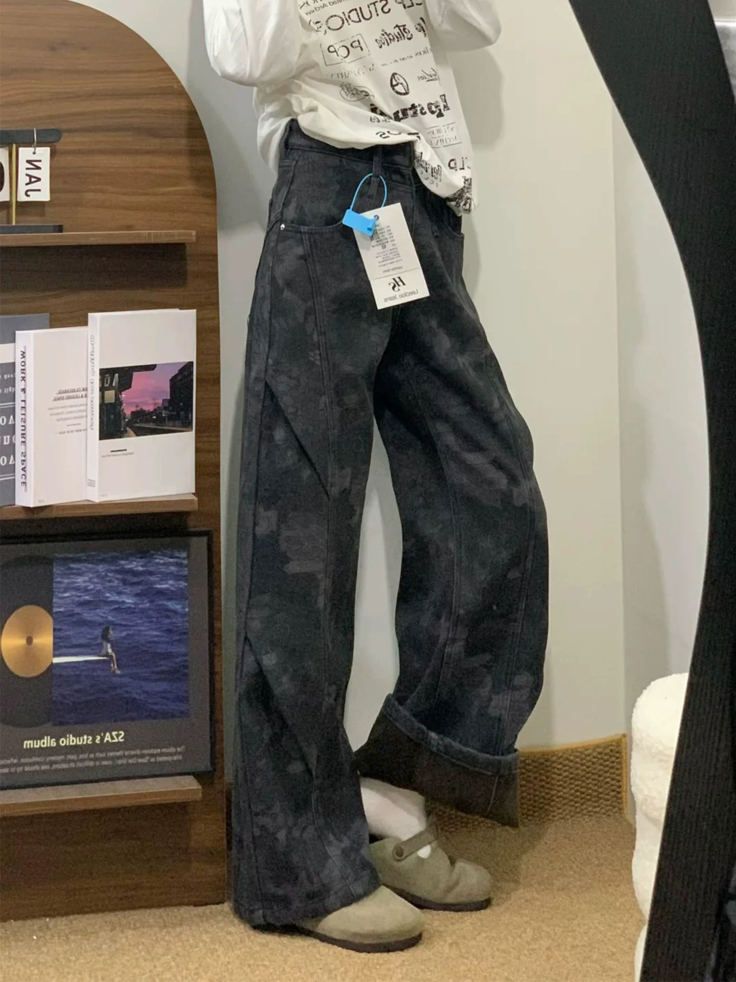 Quần jean dày có lót lông cừu cổ điển dành cho nữ, mùa thu đông, cỡ lớn, quần ống rộng, quần ống rộng, quần ống đứng cạp cao thon gọn.