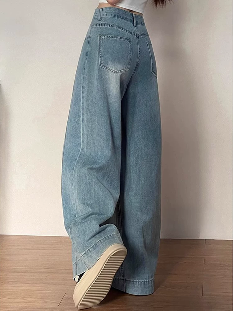 Quần jean ống rộng màu xanh cổ điển dành cho nữ, kiểu dáng mỏng mùa hè, cỡ lớn, lưng cao, dáng rộng, tôn dáng, dành cho người có thân hình quả lê, quần ống thẳng.