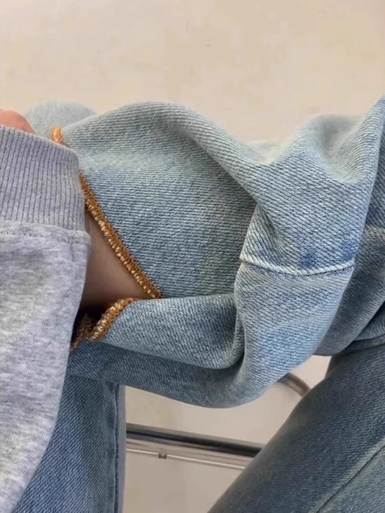 Quần jeans xanh nhạt dáng loe nữ thu đông 2024 kiểu mới, size lớn, cạp cao, che hông, tôn dáng, ống rộng, dáng chuông, dài