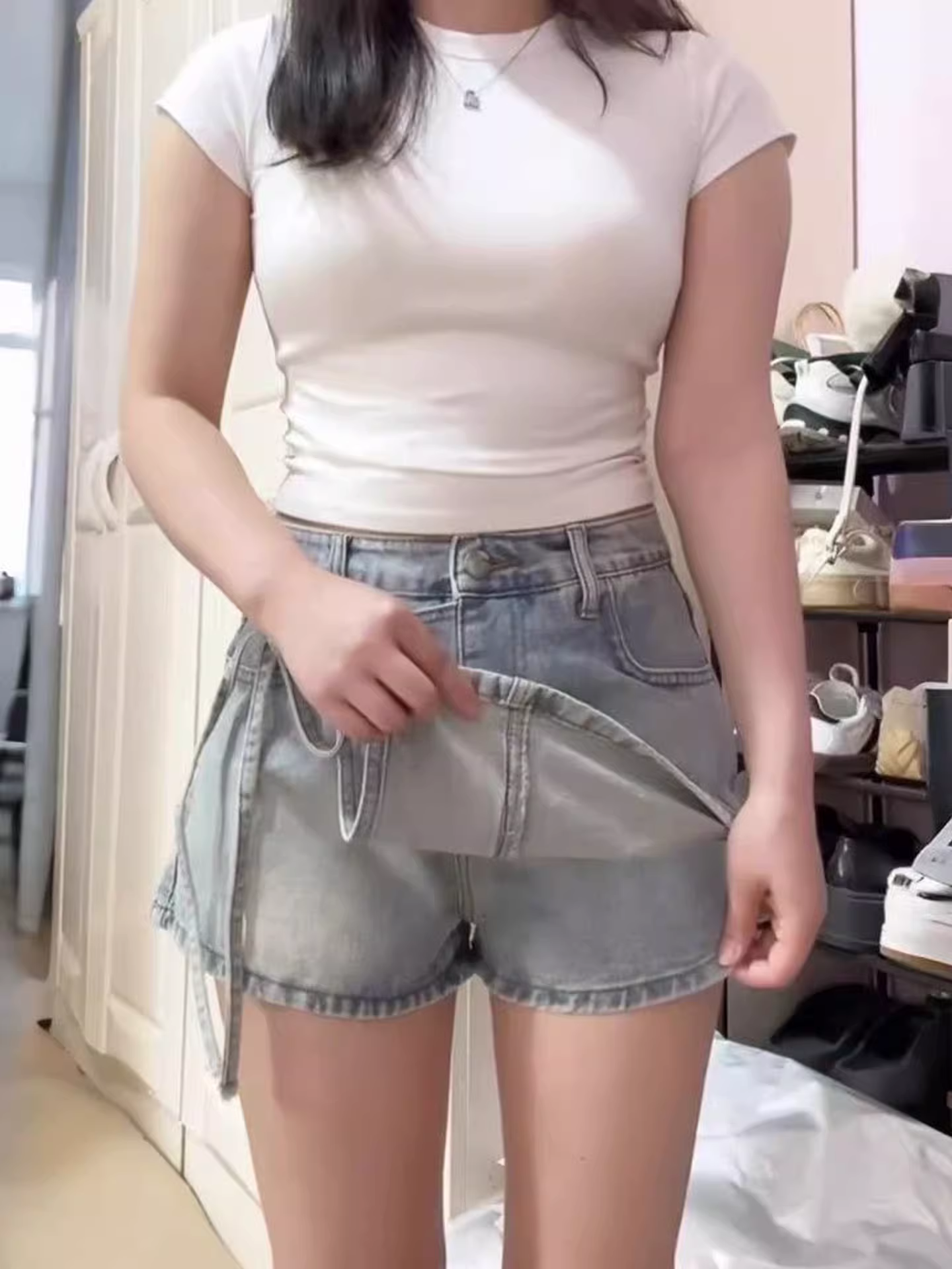 Váy denim nữ, kiểu mới mùa hè, size lớn, lưng cao, che bụng, giảm béo, dáng quả lê, váy chữ A, váy ngắn.