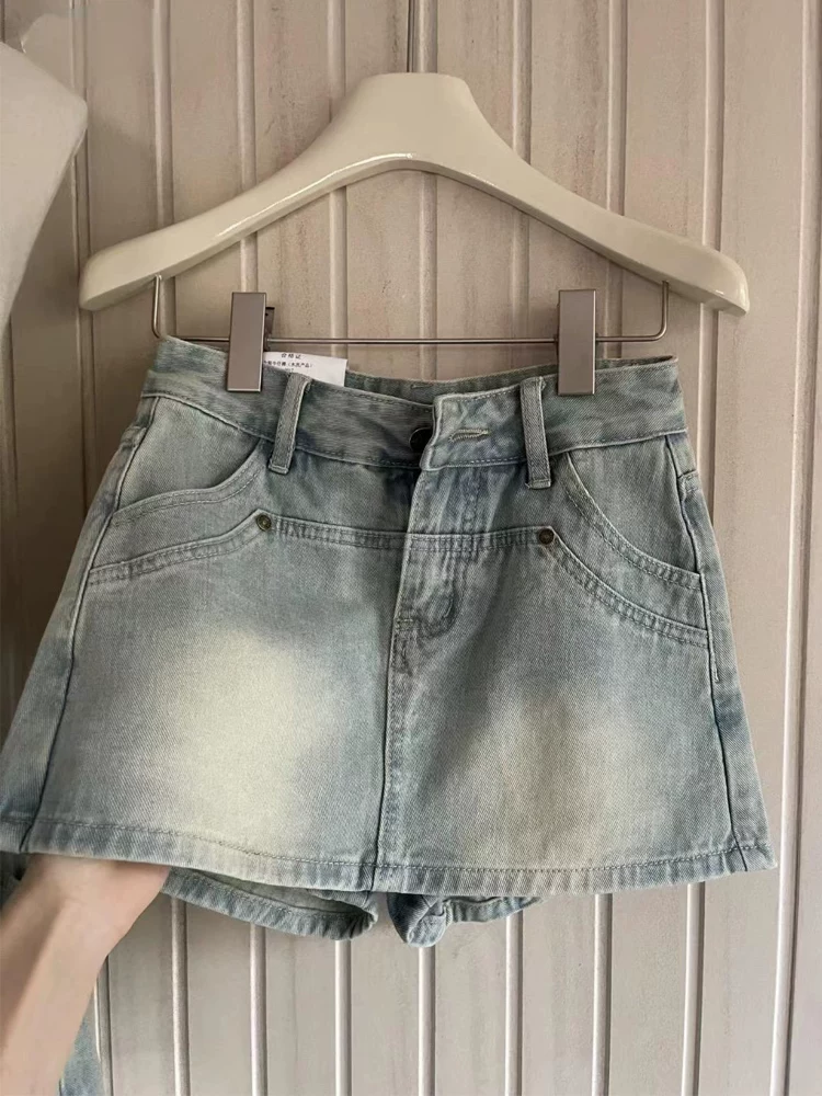 Váy ngắn denim dáng quả lê dành cho nữ, size lớn mùa hè, lưng cao, co giãn, che bụng, quần váy chữ A giảm béo.