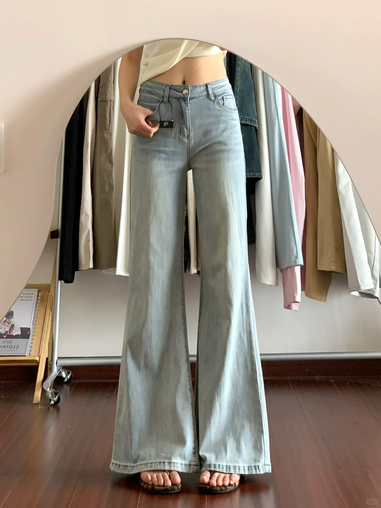 Quần jean xòe màu xanh nhạt dành cho nữ, kiểu dáng mỏng mùa hè, cỡ lớn, lưng cao, co giãn, tôn dáng, không bó sát, quần ống chuông