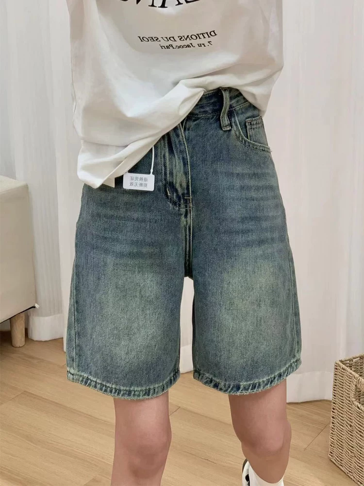 Quần short denim màu xanh cổ điển hình quả lê dành cho nữ, cỡ lớn mùa hè, cạp cao, dáng rộng, dáng suông, dáng rộng, quần short dài vừa phải.