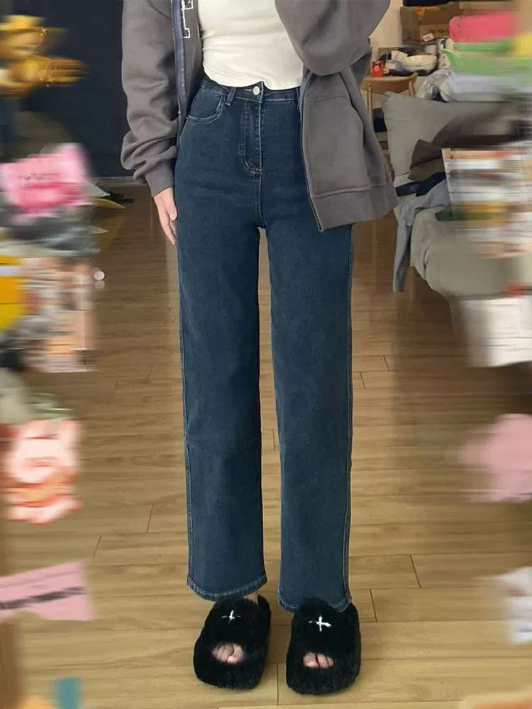 Quần jean ống đứng dáng quả lê cỡ lớn dành cho nữ, lót lông cừu mùa thu đông, quần thuốc lá rộng lưng cao nhỏ nhắn che hông.