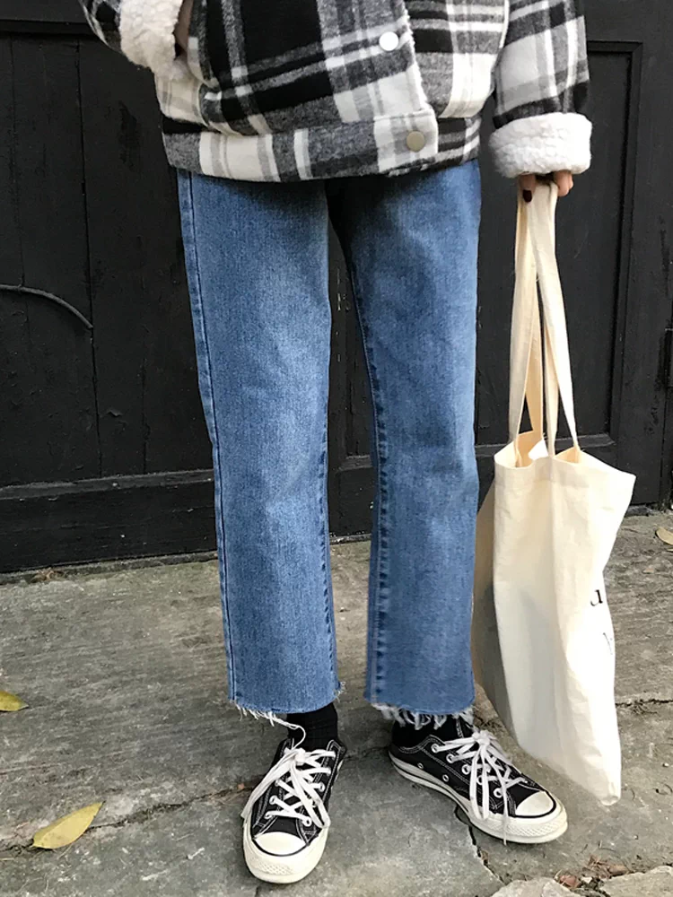 Quần jean ống đứng dáng quả lê dành cho nữ, mùa thu đông, lót lông cừu, cỡ lớn, lưng cao, giảm béo, quần thuốc lá ống ngắn.