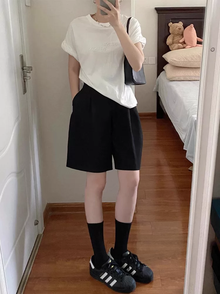 Quần short dáng lê dành cho nữ, size lớn mùa hè, cạp cao, dáng rộng, tôn dáng, ống rộng, quần dài trung bình, kiểu dáng thường ngày.