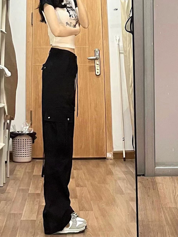 Quần cargo đen dáng quả lê dành cho nữ, kiểu dáng mỏng mùa hè, cỡ lớn, lưng cao, ống thẳng, dáng rộng, tôn dáng, quần ống rộng thường ngày.