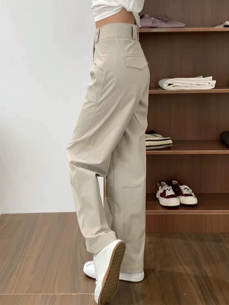 Quần cargo kiểu vest màu kaki dành cho nữ, mùa hè, cỡ lớn, thiết kế thời trang, cạp cao, dáng rộng, che hông, tôn dáng, quần ống rộng thường ngày.