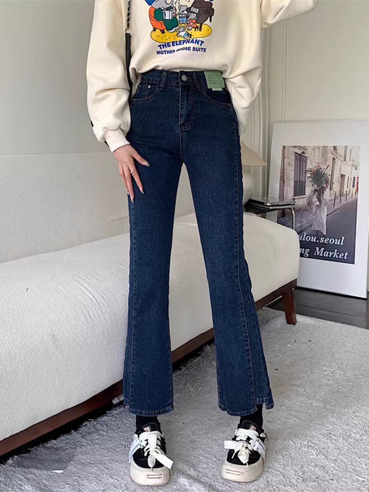 Quần jean dáng chuông nhỏ nhắn dành cho mùa thu đông, lót lông cừu, hơi mũm mĩm, cạp cao, che hông, quần ống đứng tôn dáng