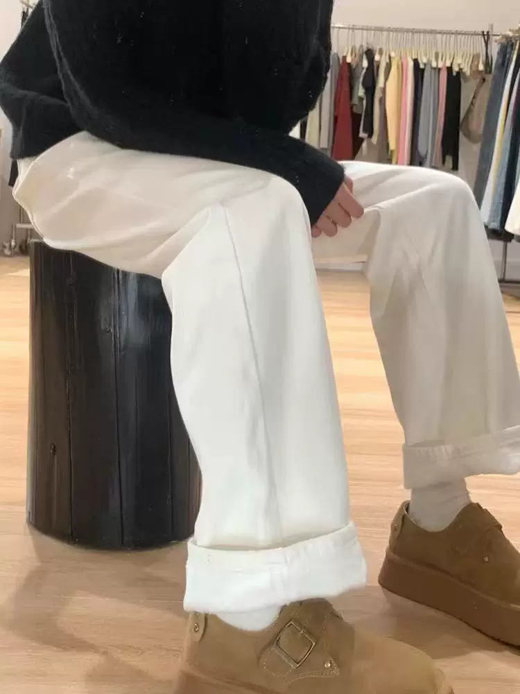 Quần jean trắng dáng thẳng dành cho nữ, mùa thu đông, cỡ lớn, lưng cao, dáng rộng, dáng thon gọn, lót lông cừu, dày dặn, quần ống rộng.