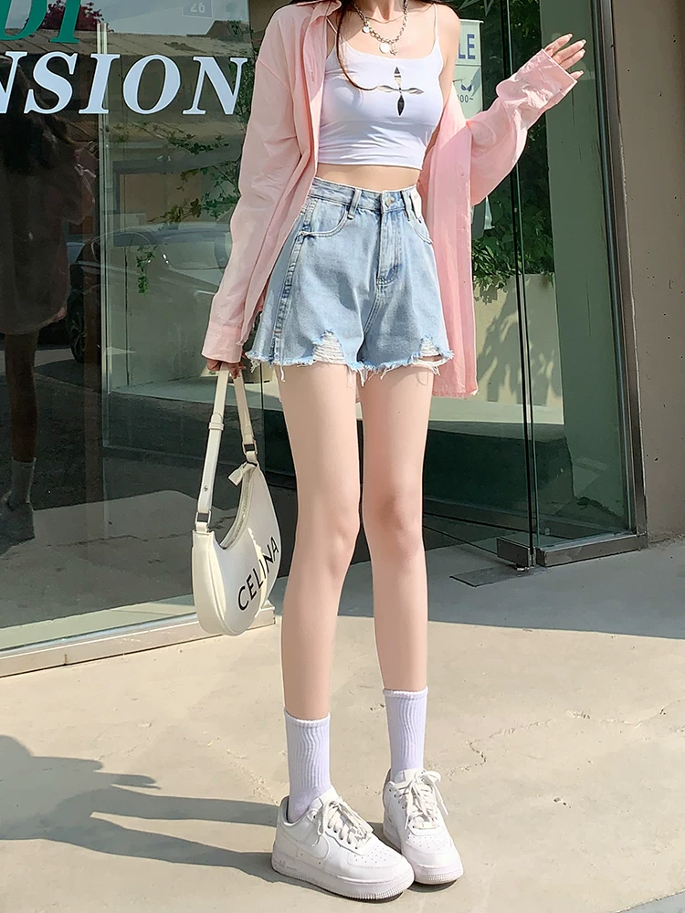 Quần short denim rách màu xanh nhạt hình quả lê dành cho nữ, cỡ lớn mùa hè, lưng cao, giảm béo, viền sờn, quần ống rộng chữ A