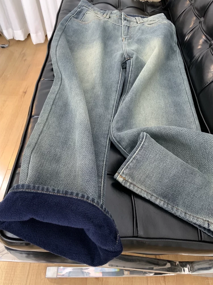 Quần jeans ống đứng nữ thu đông 2024, size lớn, cạp cao, dáng rộng, che hông, tôn dáng, lót lông dày, ống rộng