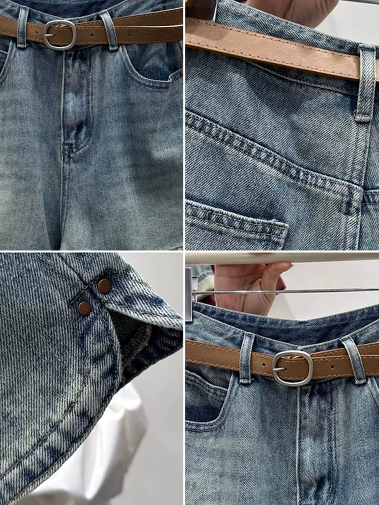 Quần short denim xẻ tà màu xanh cổ điển hình quả lê dành cho nữ, cỡ lớn mùa hè, cạp cao, quần ống rộng chữ A giảm béo, hợp thời trang.