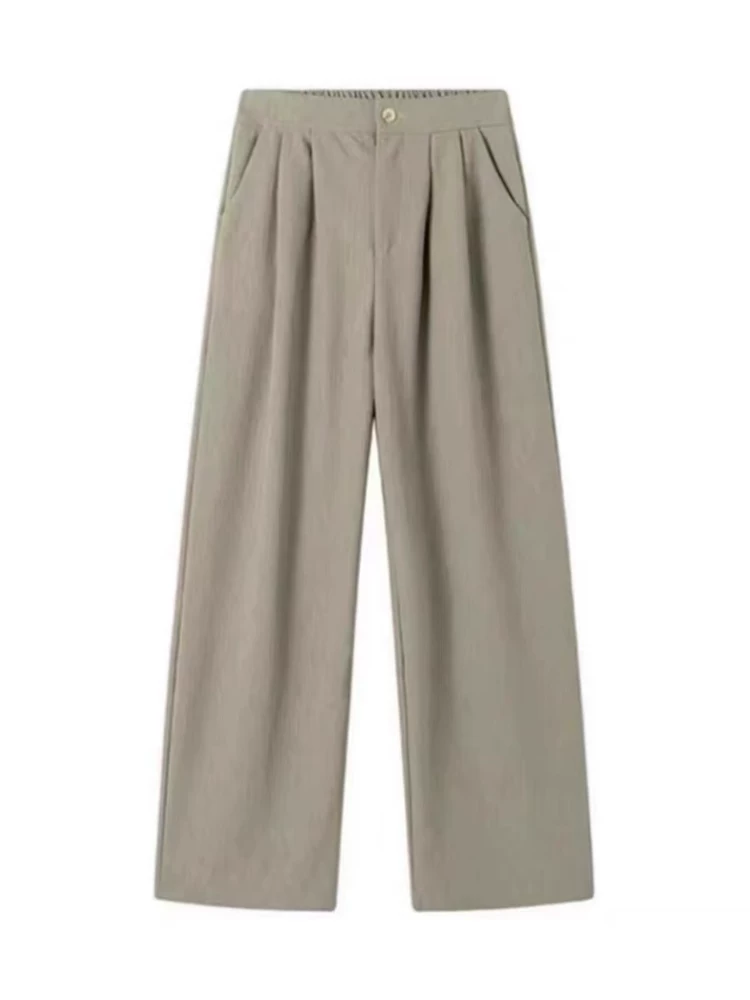 Quần âu nữ màu xanh xám, kiểu mới xuân 2025, size lớn, cạp cao, dáng rộng, che hông, quần ống rộng tôn dáng