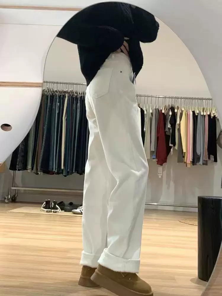 Quần jean trắng dáng thẳng dành cho nữ, mùa thu đông, cỡ lớn, lưng cao, dáng rộng, dáng thon gọn, lót lông cừu, dày dặn, quần ống rộng.