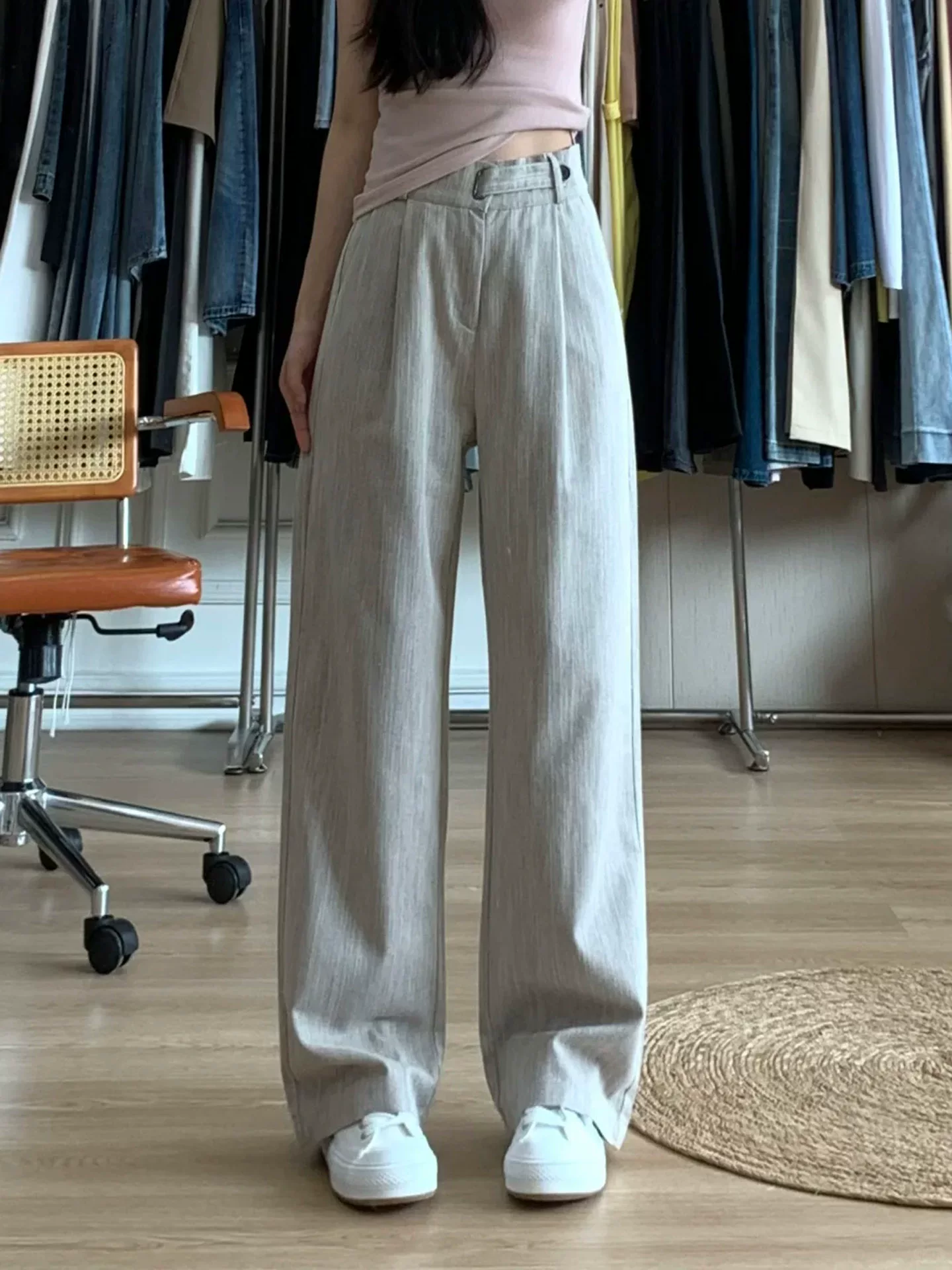 Quần âu màu xám ống rộng dành cho nữ, kiểu dáng mỏng mùa hè, cỡ lớn, cạp cao, mềm mại, tôn dáng, quần ống đứng thẳng, kiểu dáng thường ngày.