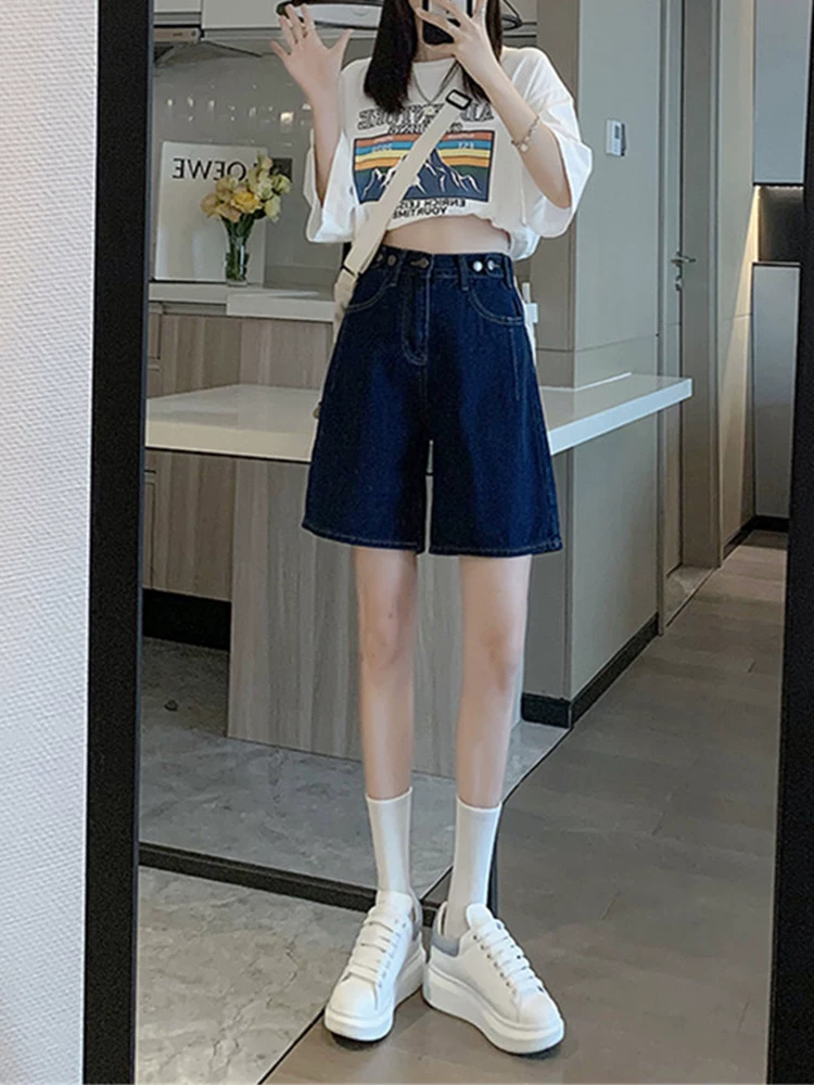 Thân hình quả lê, quần short denim che hông, cỡ lớn mùa hè, lưng cao, thon gọn, rộng rãi, ống rộng, dáng chữ A, quần short dài vừa phải