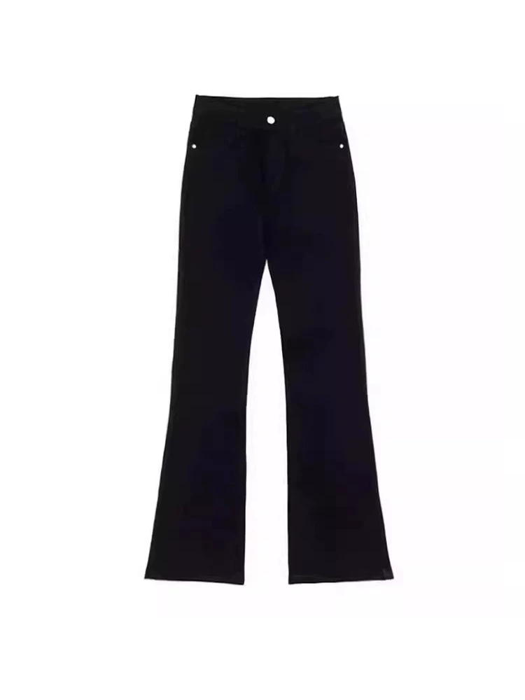 Quần jean đen loe dành cho nữ, lót lông cừu mùa đông, cỡ lớn, dáng quả lê, lưng cao, tôn dáng, che hông, quần ống chuông mùa xuân