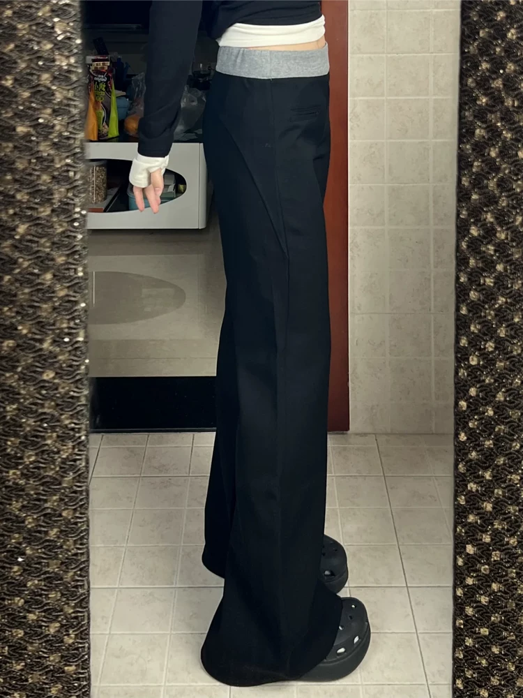 Quần thể thao nữ ống rộng, phối màu đen, kiểu dáng xuông, chất liệu thun, size lớn, lưng cao, rộng rãi, tôn dáng, mùa xuân 2025