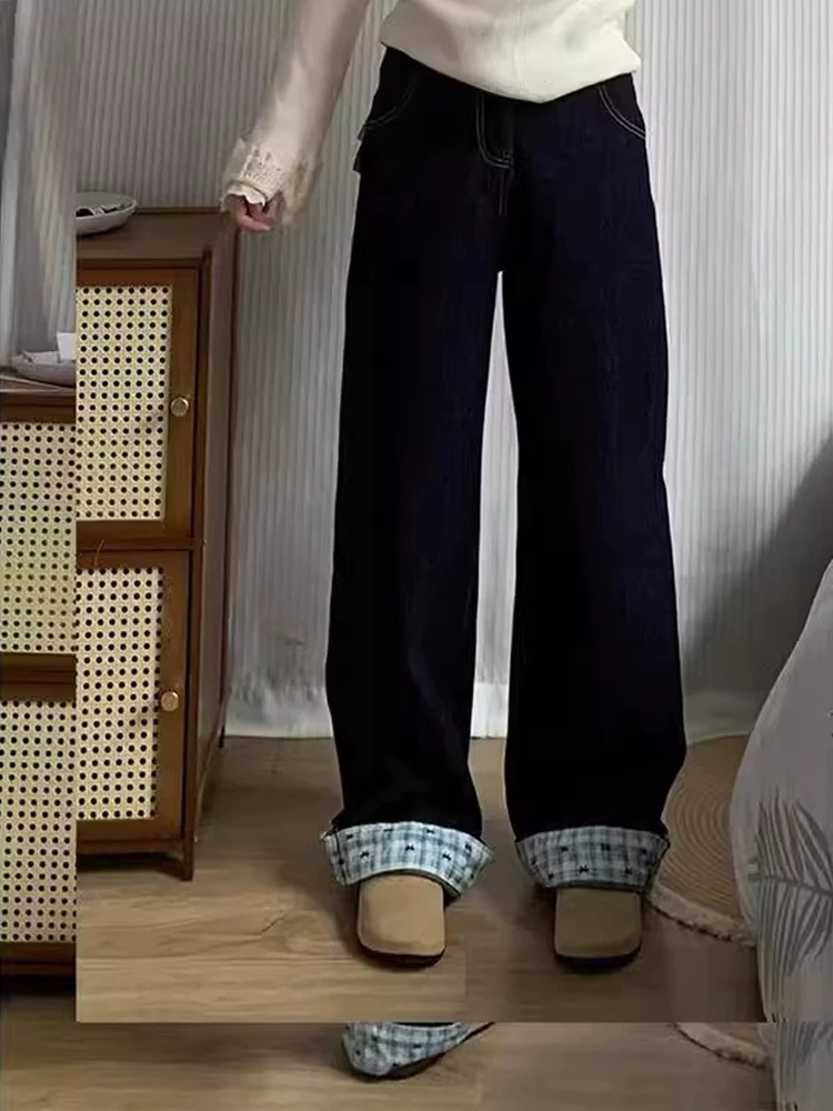 Quần jean ống đứng cho nữ, mùa xuân, cỡ lớn, lưng cao, dáng rộng, giảm béo, dáng quả lê, chắp vá kẻ sọc, quần ống rộng