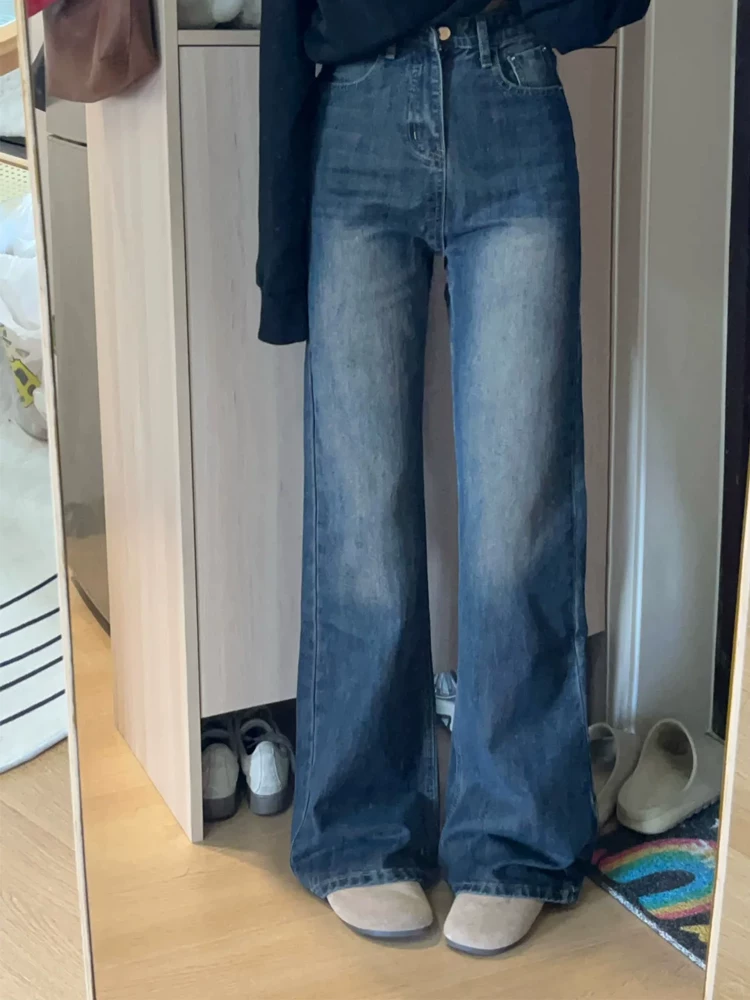Quần jean ống rộng màu xám xanh dành cho nữ, kiểu dáng mùa thu mới, cỡ lớn, lưng cao, dáng rộng, tôn dáng, quần jean dài chấm đất.