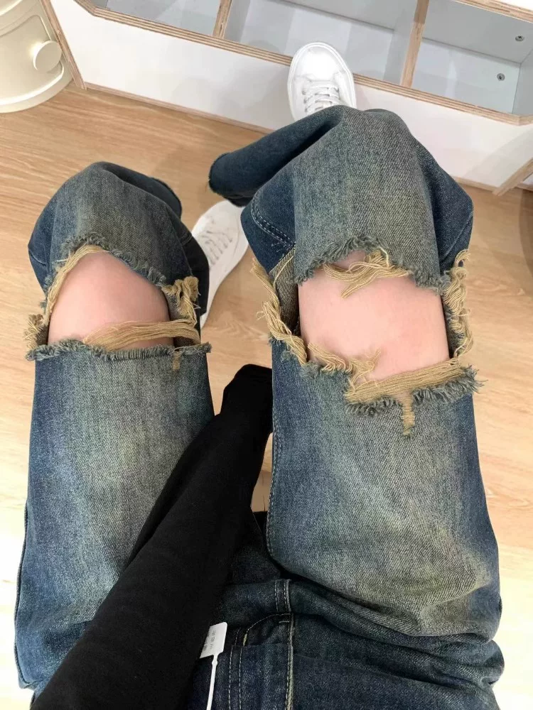 Quần jean rách kiểu Mỹ cổ điển dành cho nữ, kiểu dáng mỏng mùa hè, cỡ lớn, lưng cao, dáng rộng, quần ống rộng giúp thon gọn