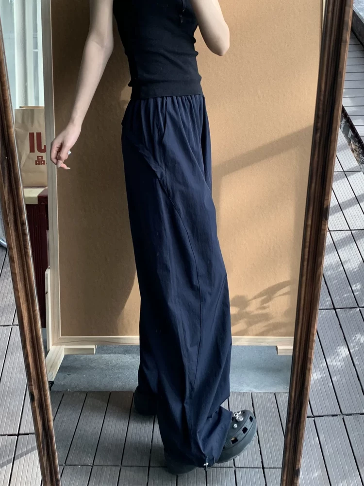 Quần cargo ống thẳng màu xanh hải quân dành cho nữ, phong cách cổ điển Mỹ, cỡ lớn mùa hè, lưng cao, dáng rộng, dáng suông, quần ống rộng thông thường.