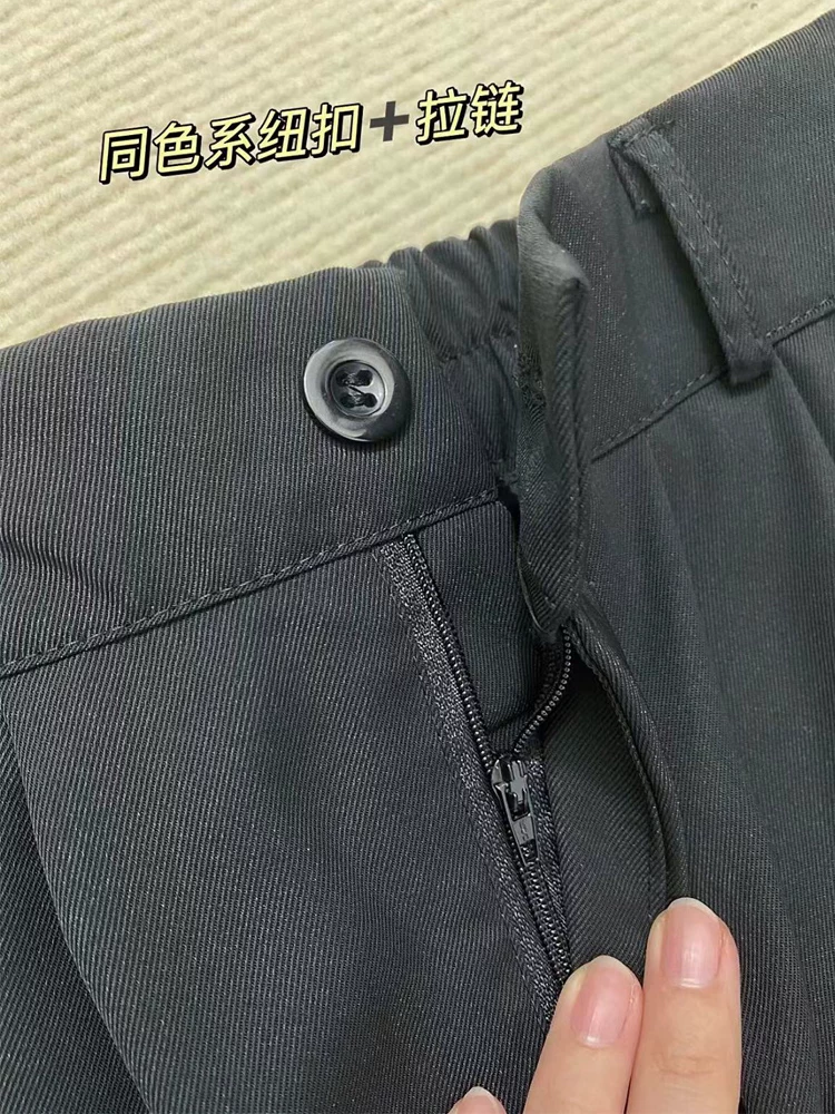 Quần tây đen dành cho nữ, mùa hè, cỡ lớn, lưng cao, dáng rộng, tôn dáng, dáng quả lê, phong cách đầu thu, quần ống rộng thường ngày.