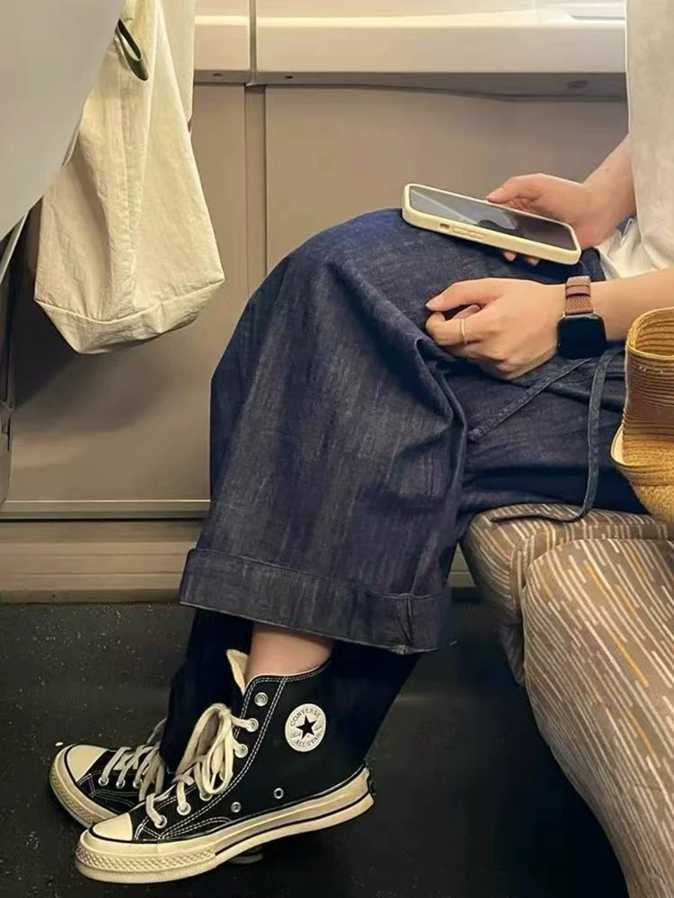 Quần jean ống rộng kiểu dáng thoải mái dành cho nữ, chất liệu cotton và linen Nhật Bản, size lớn, cạp cao, dáng rộng, tôn dáng, mùa hè mỏng nhẹ, kiểu bà ngoại.