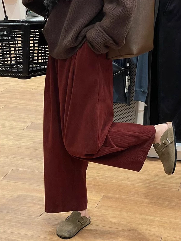 Quần ống đứng kiểu Nhật dành cho nữ, mùa thu đông, lót lông cừu, cỡ lớn, lưng cao, dáng rộng, dáng suông, giảm béo, vải nhung, quần ống rộng ngắn