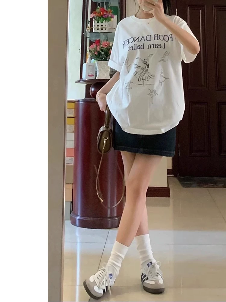 Váy ngắn denim dành cho nữ, váy chữ A dáng quả lê mùa hè, cỡ lớn, lưng cao, che bụng, giảm béo, váy nửa thân nhỏ nhắn.