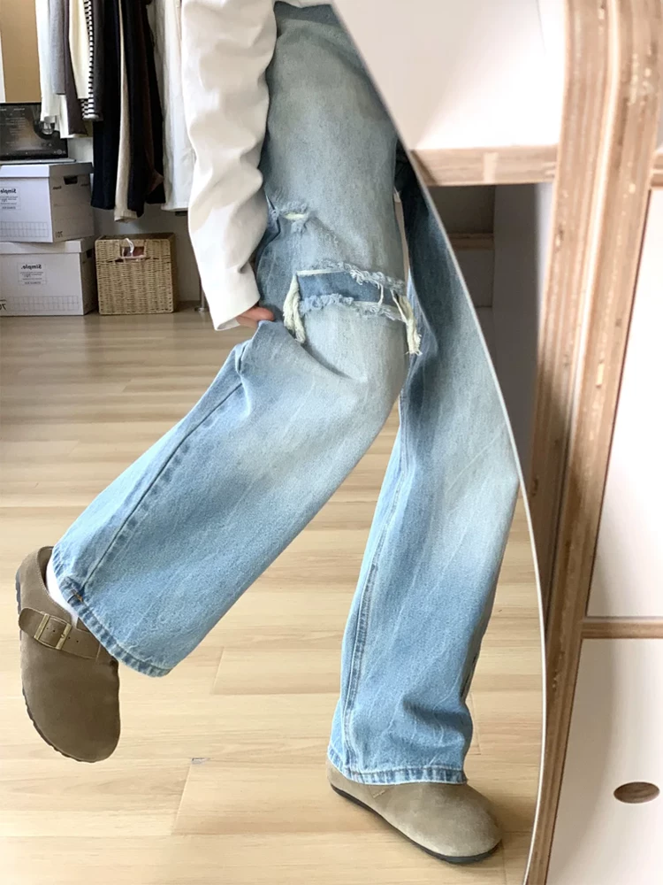 Quần jean ống đứng màu xanh nhạt dành cho nữ, thu đông 2025, size lớn, cạp cao, dáng rộng, tôn dáng, phù hợp với dáng người quả lê, quần ống rộng