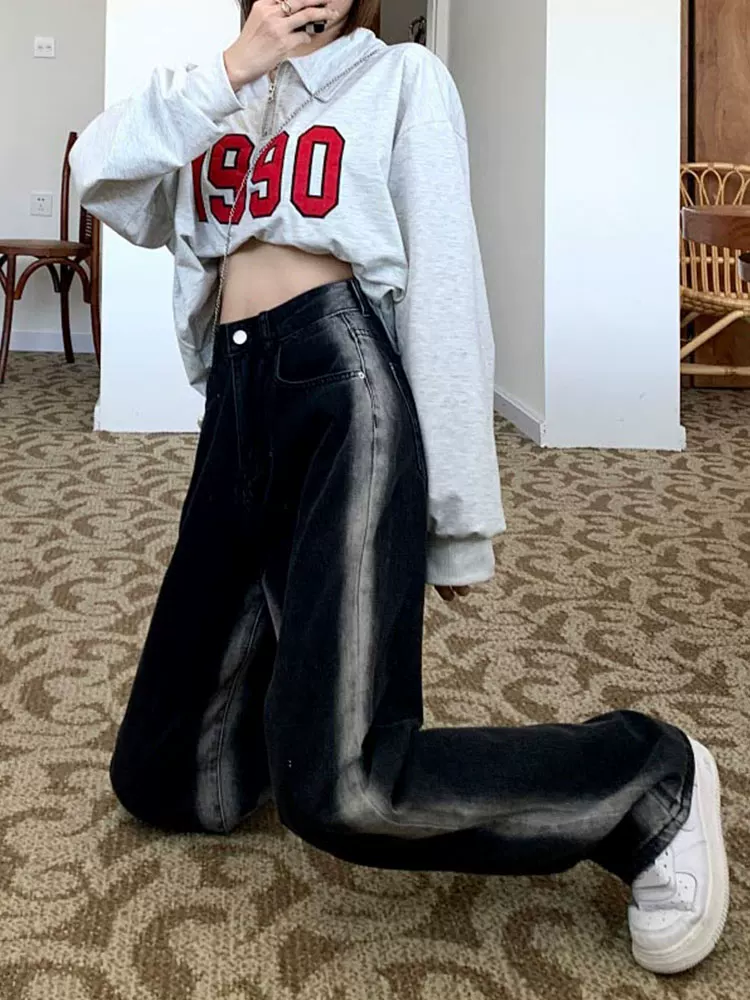 Thân hình quả lê, hông và đùi dày, quần jean giảm béo cho nữ, mặc đầu thu, cỡ lớn, dáng rộng, quần ống rộng dáng thẳng giảm béo