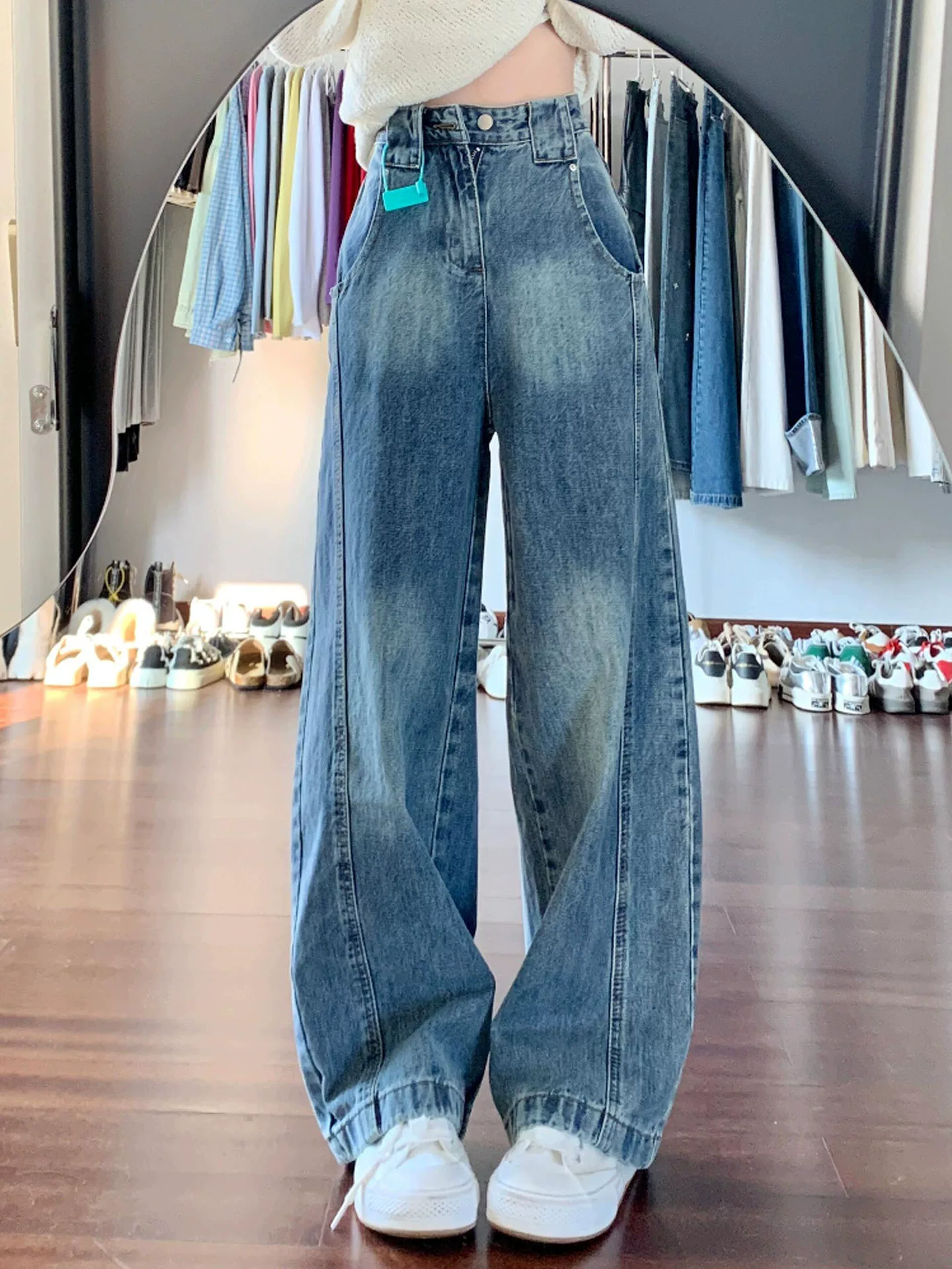 Quần jeans ống rộng màu xanh cổ điển dành cho nữ, thu đông 2025, size lớn, cạp cao, dáng rộng, kiểu dáng xòe
