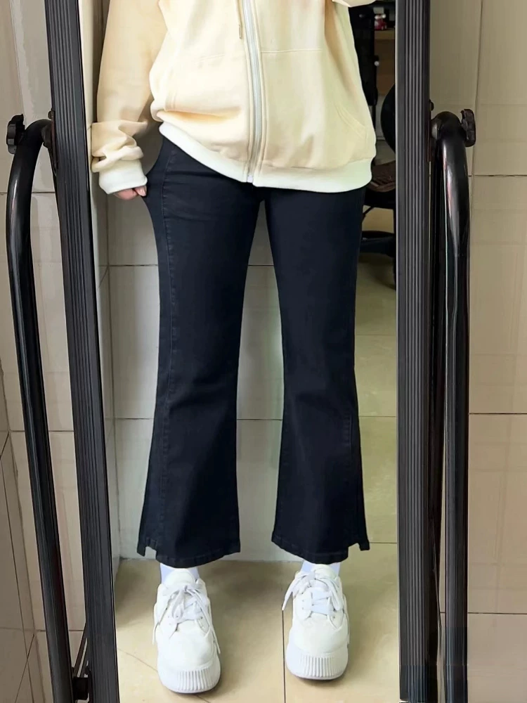 Quần jean ống thẳng dáng quả lê dành cho nữ, mặc đầu thu, cỡ lớn, dáng hơi mũm mĩm, co giãn, che hông, giảm béo, quần jean hơi loe